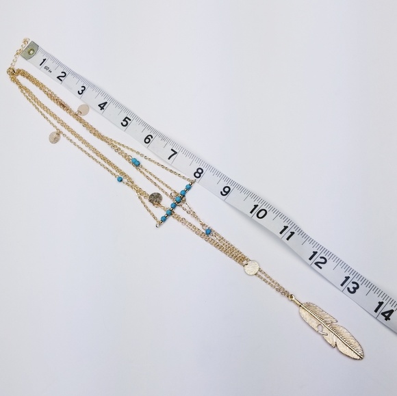3 Strand Layer Gold & Turquoise Bar Feather - Picture 2 of 4
